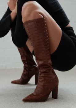 Tony Bianco Lucille Tan Croc 10.3cm Calf Boots