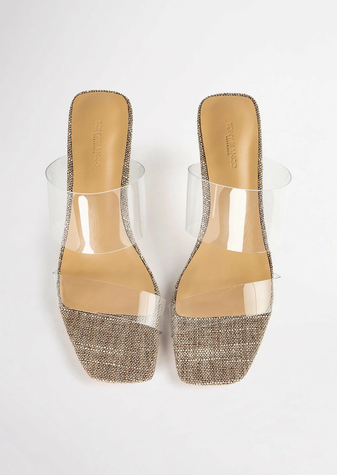 Tony Bianco Sabelle Clear Vinylite/Linen 6.5cm Heels 7 Tony Bianco Sabelle Clear Vinylite/Linen 6.5cm Heels
